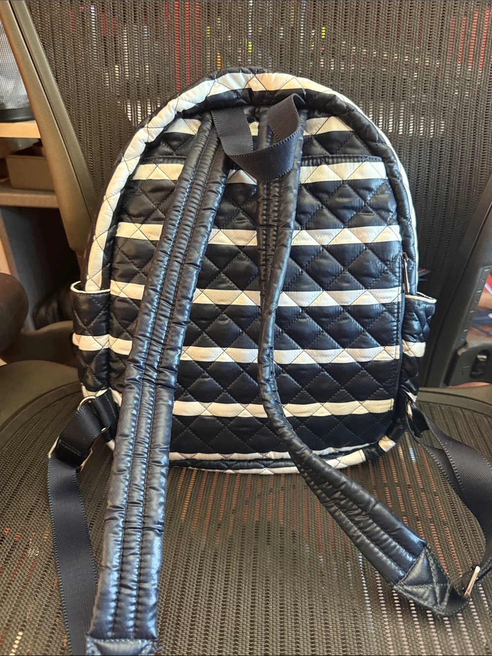OLIVER THOMAS Quilted Backpack Black White Stripe Red Lining Washable - Picture 2 of 7